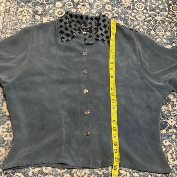 Citron Santa Monica Blue Women's Patterned Collar Button Closure Top Silk Boho - Picture 9 of 9